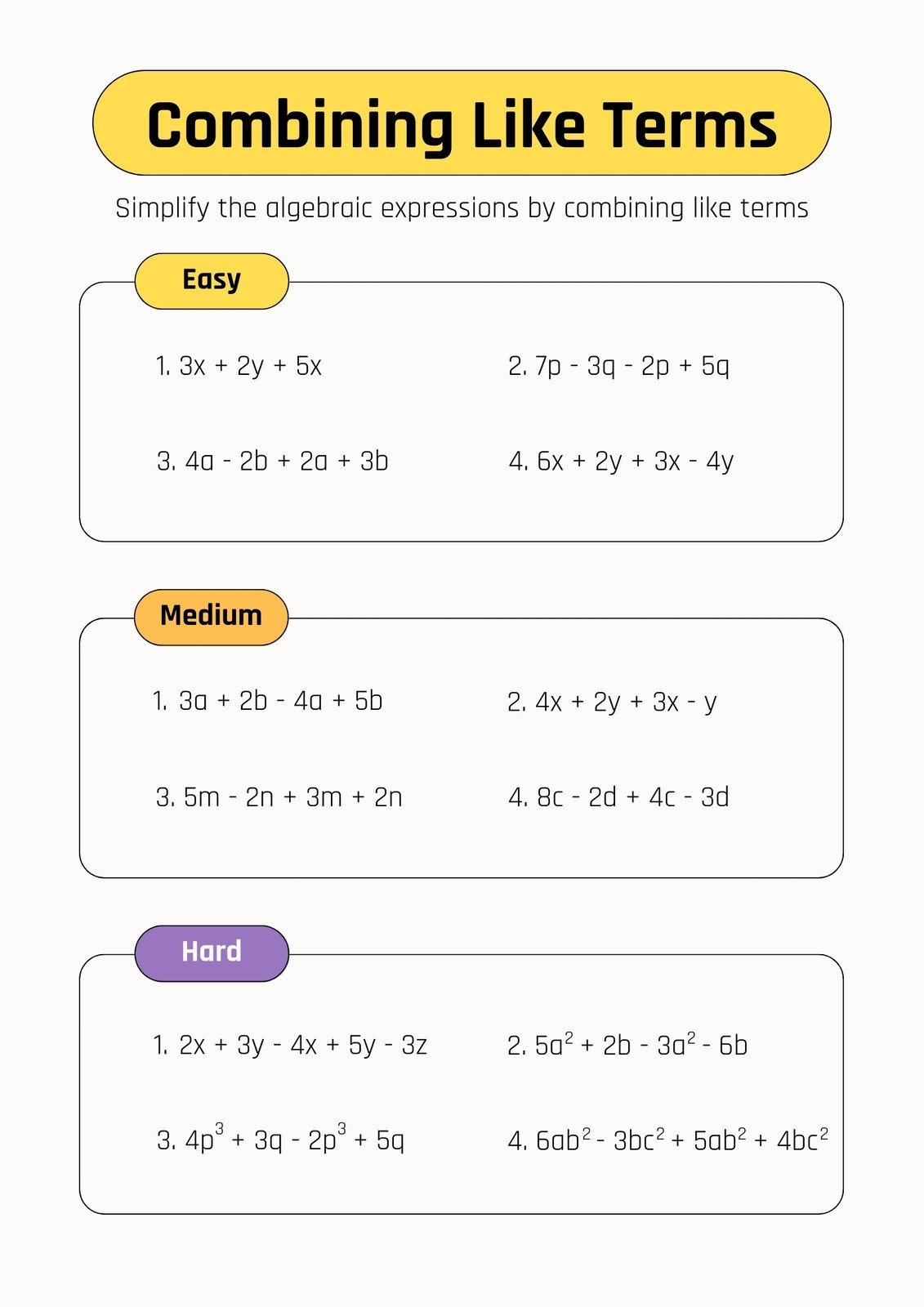 Free Custom Combining Like Terms Worksheet Templates Worksheets Library Free Custom Combining Like Terms Worksheet Templates Worksheets Library
