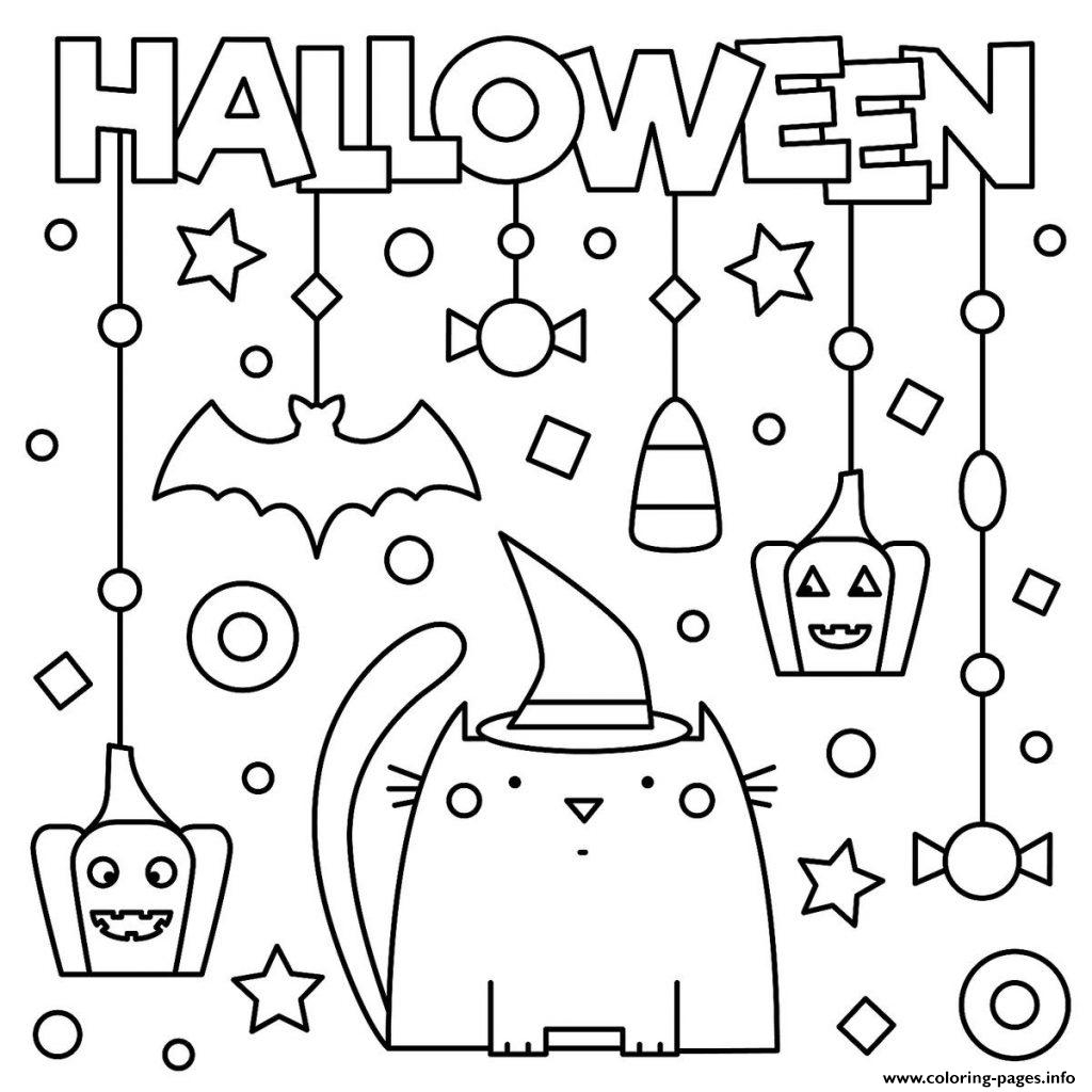 Halloween Cat Pumpkins Stars Kids Coloring Page Printable Halloween Cat Pumpkins Stars Kids Coloring Page Printable