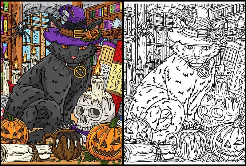 Halloween Cat With Hat Coloring Page Illustration Stock Vector 