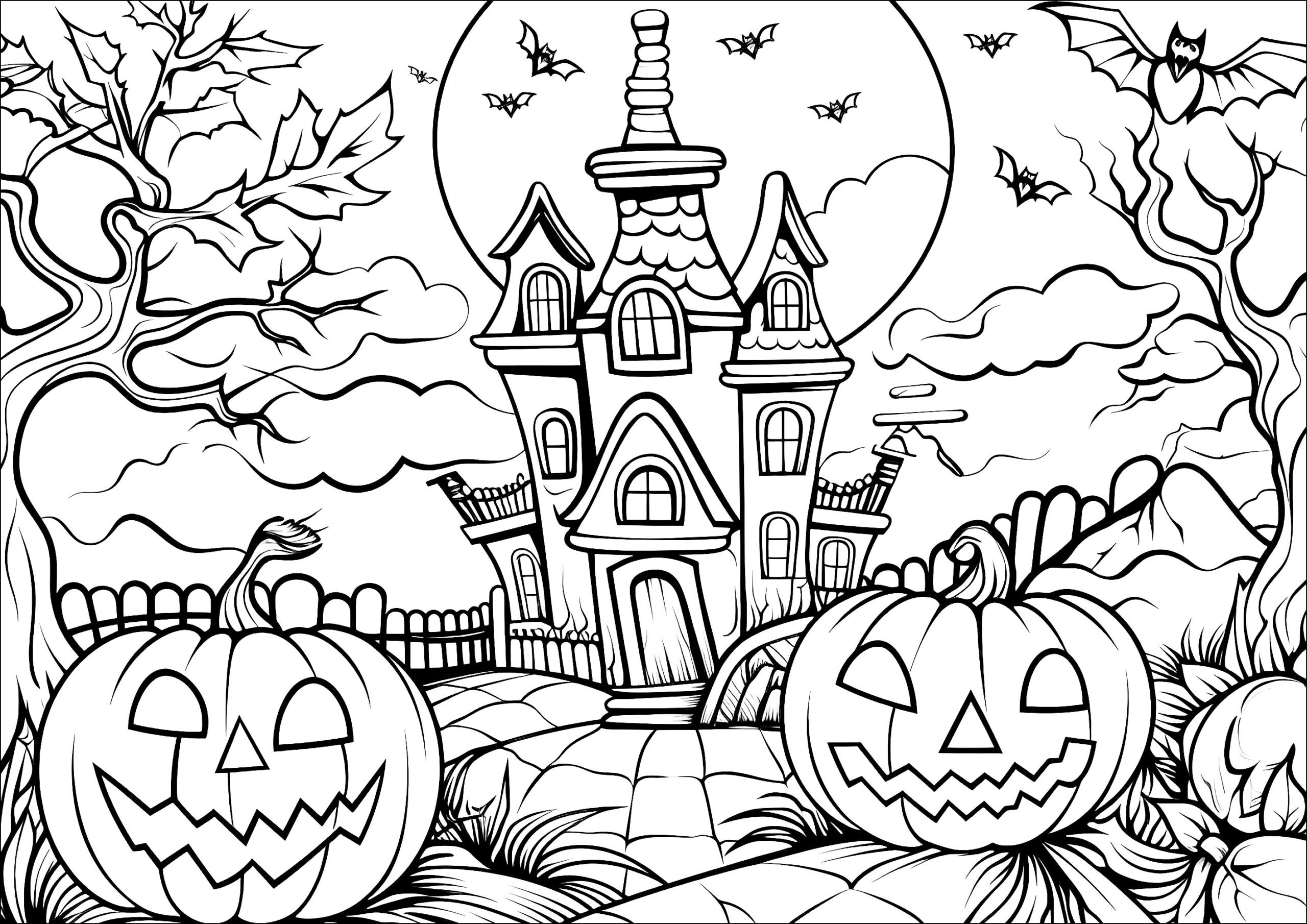 Haunted House And Pumpkins Halloween Coloring Pages For Adults Haunted House And Pumpkins Halloween Coloring Pages For Adults