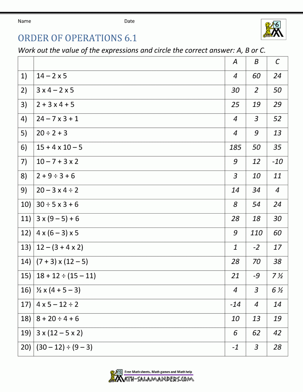 Order Of Operations Math Fun Worksheets Worksheets Library