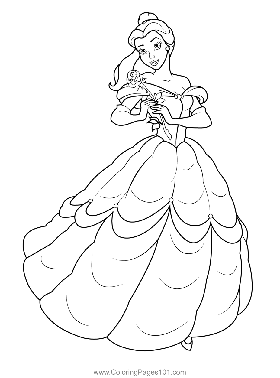 Princess Belle With Flower Coloring Page For Kids Free Belle 