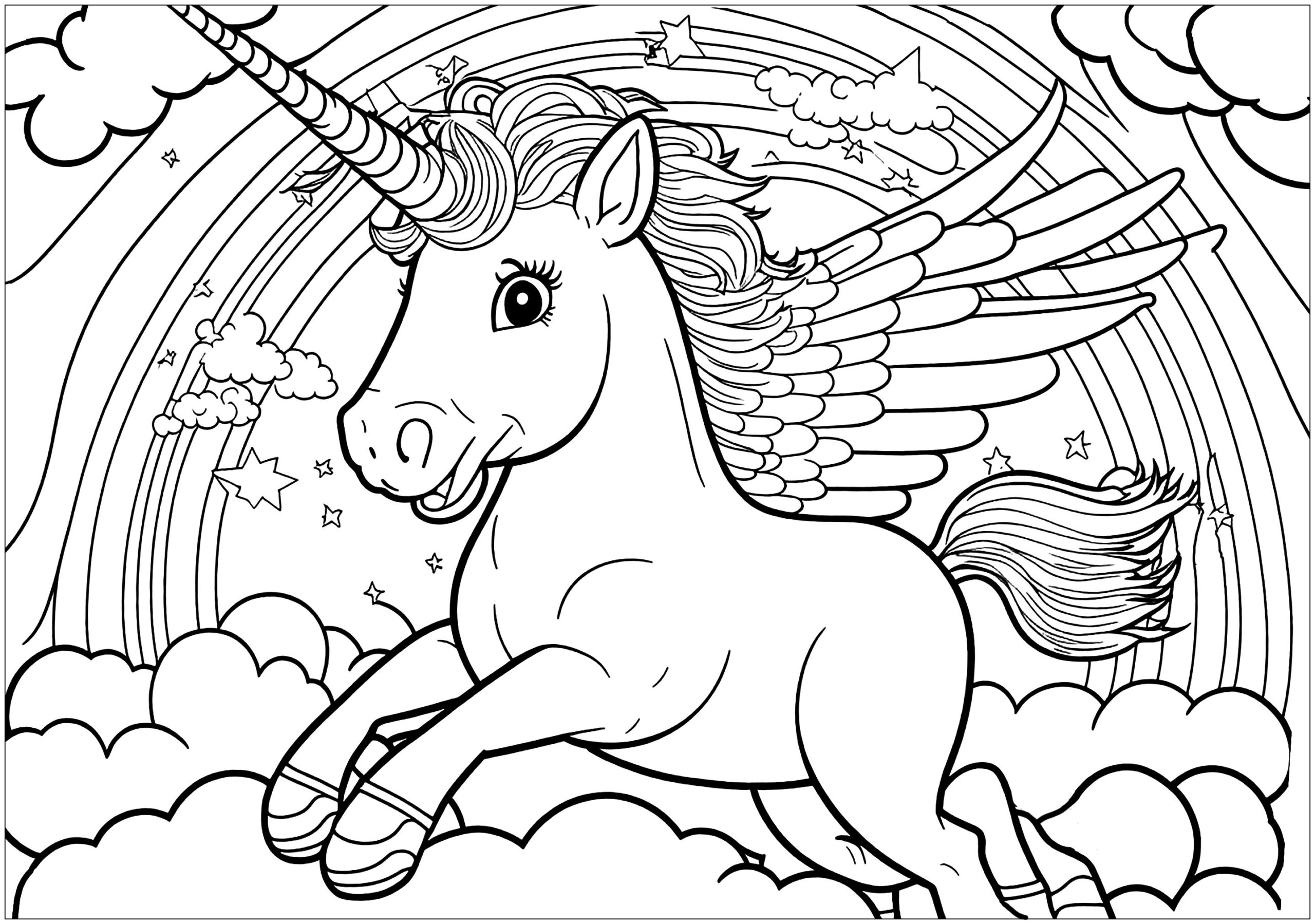 Unicorn In The Sky With A Rainbow Unicorn Coloring Pages