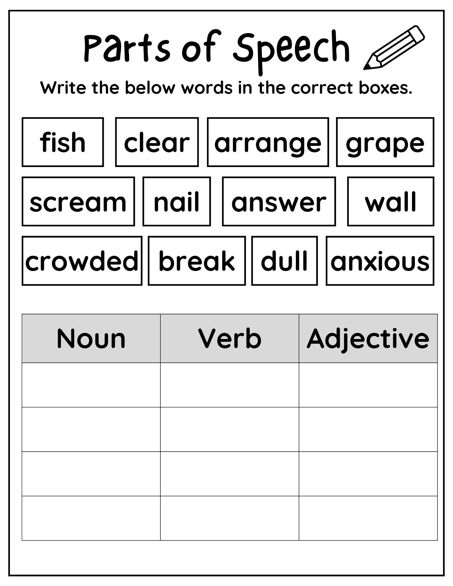10 Printable Parts Of Speech Worksheets Printable Noun Verb Adjective