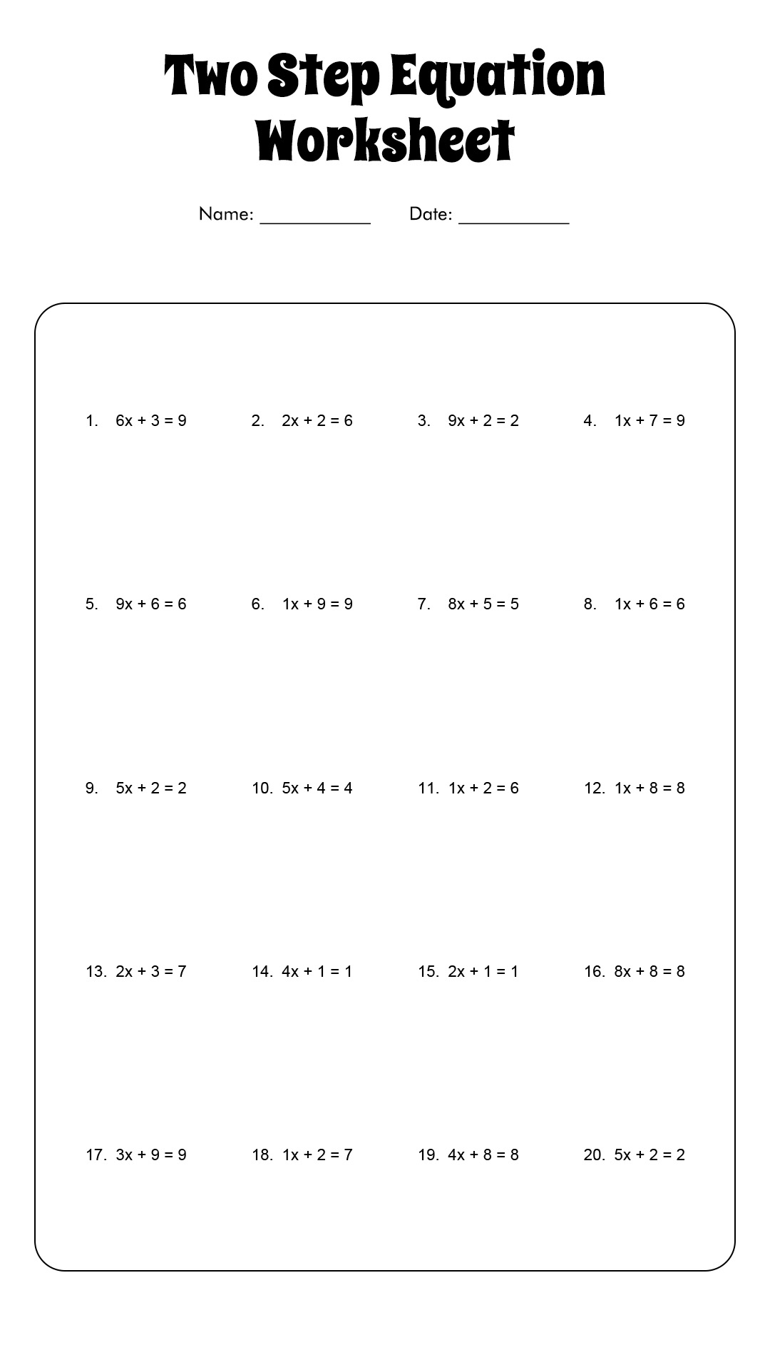 2 step equations worksheet pdf