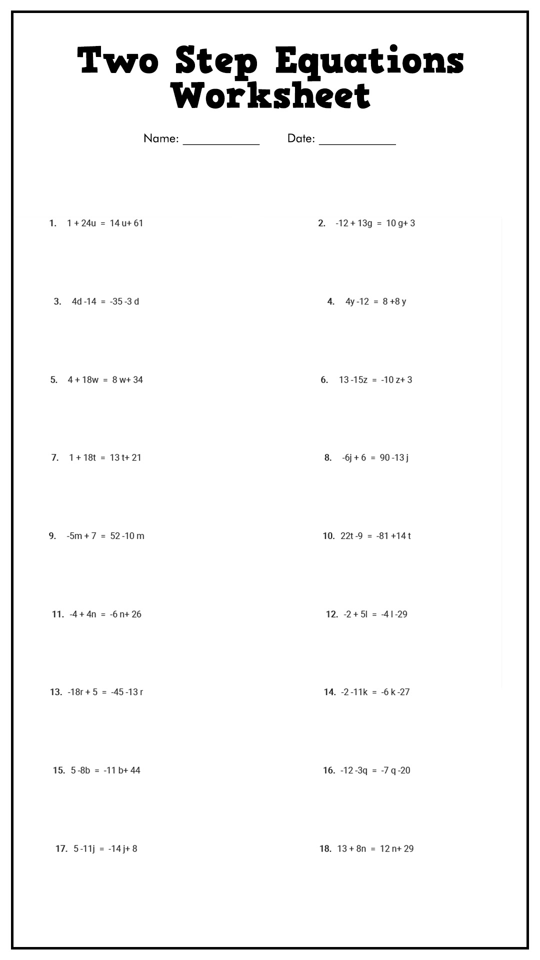 11 Solve Two Step Equations Printable Worksheet Free PDF At