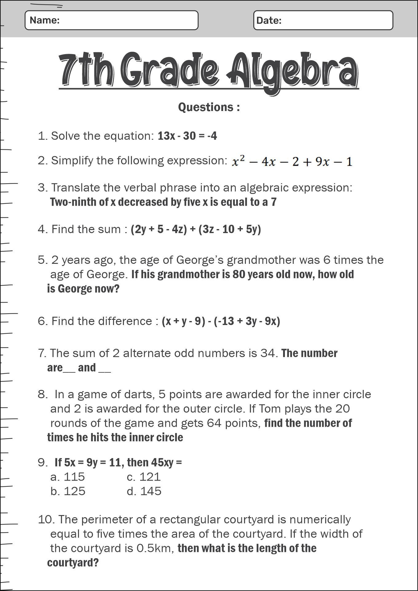 grade 7 math worksheets