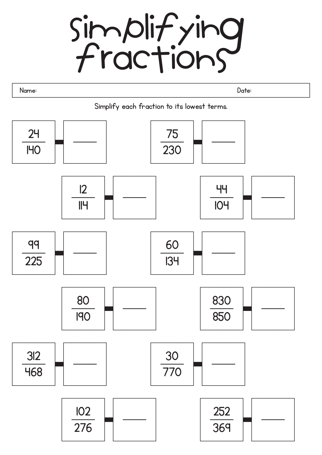 simplify fractions worksheet simplify fractions worksheet