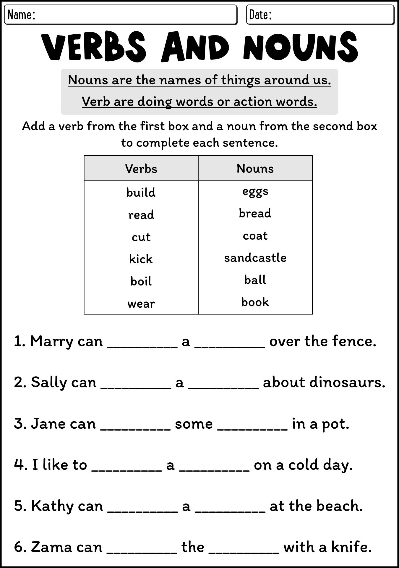 15 Nouns And Verbs Worksheets Sentences Free PDF At Worksheeto
