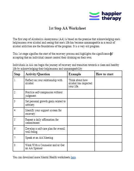 1st Step AA Worksheet HappierTHERAPY
