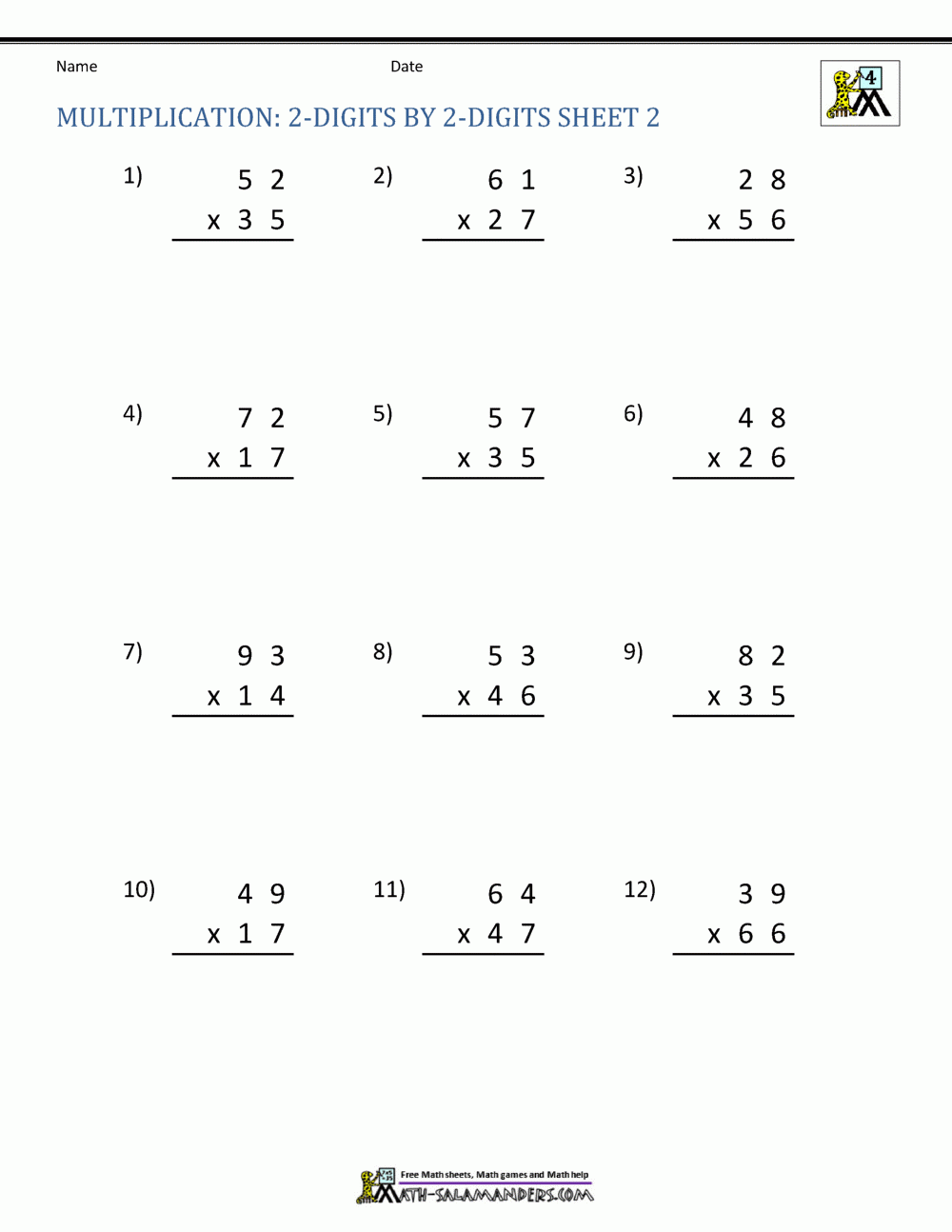 multiplication worksheet 2 digits