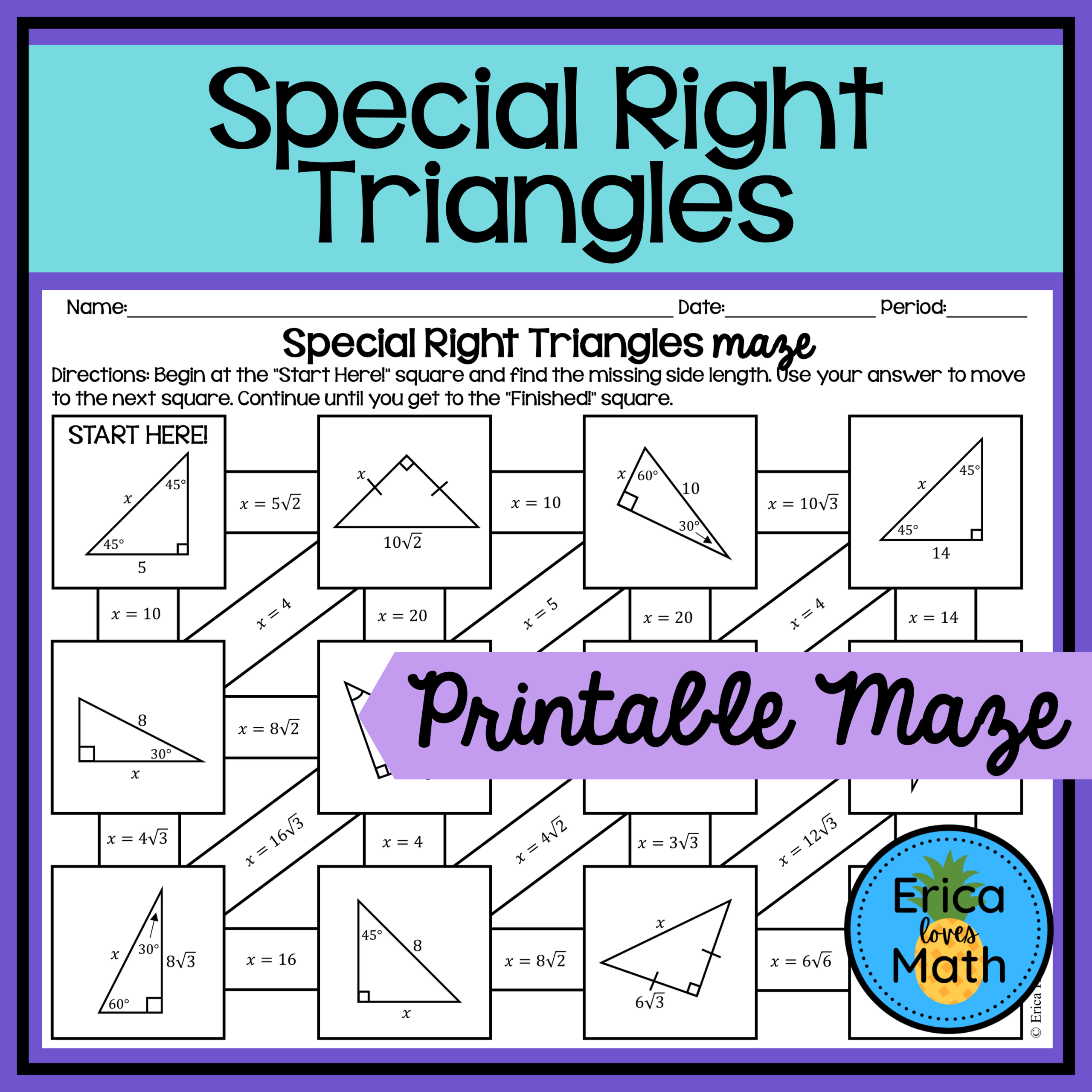 worksheet for special right triangles
