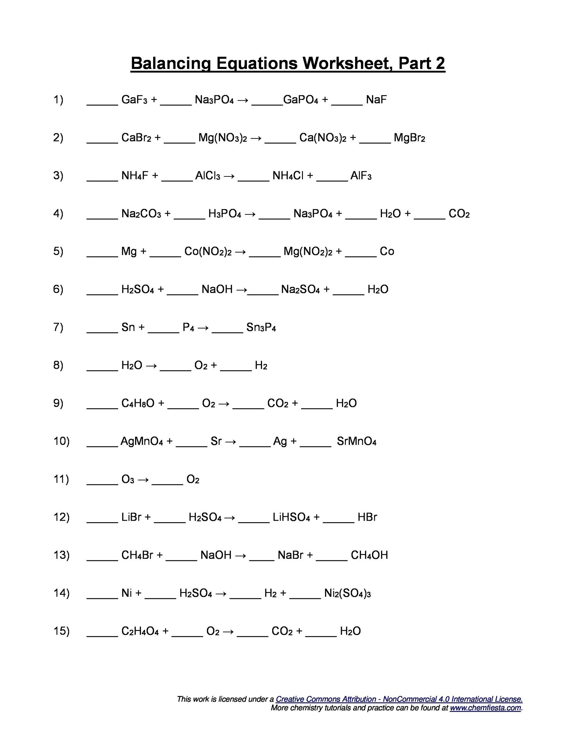 chemistry balancing chemical equations worksheet