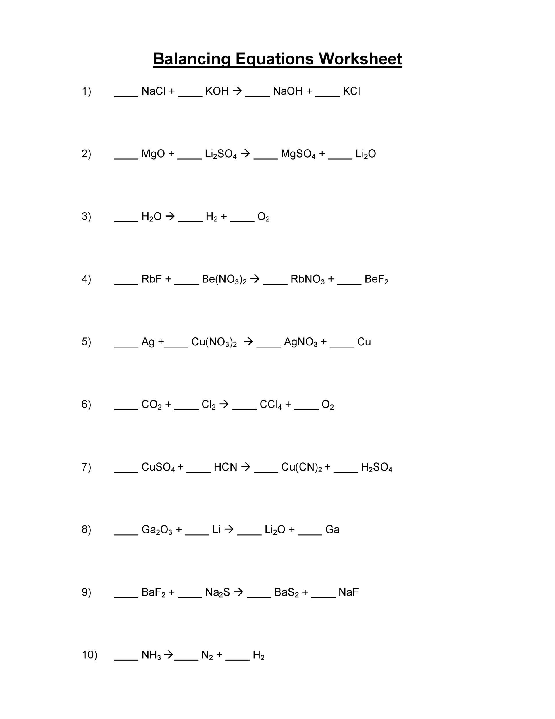 balancing equation worksheet