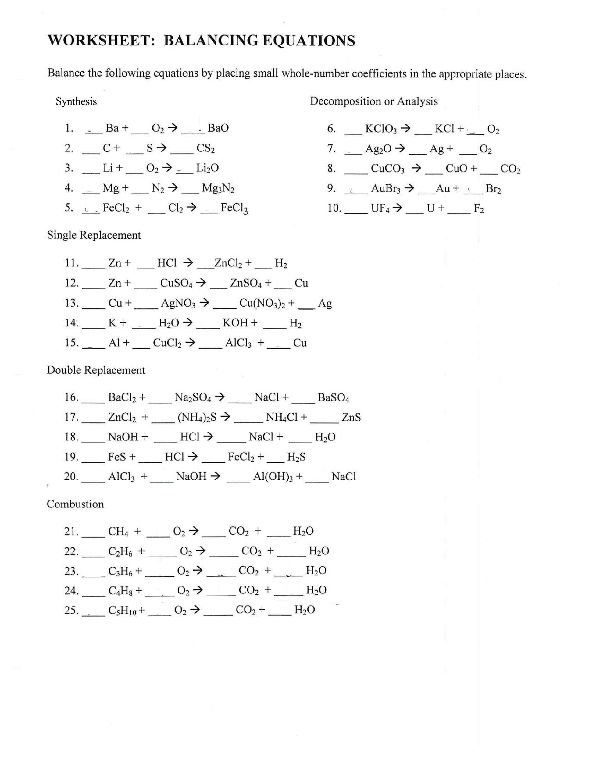 science balancing equations worksheet