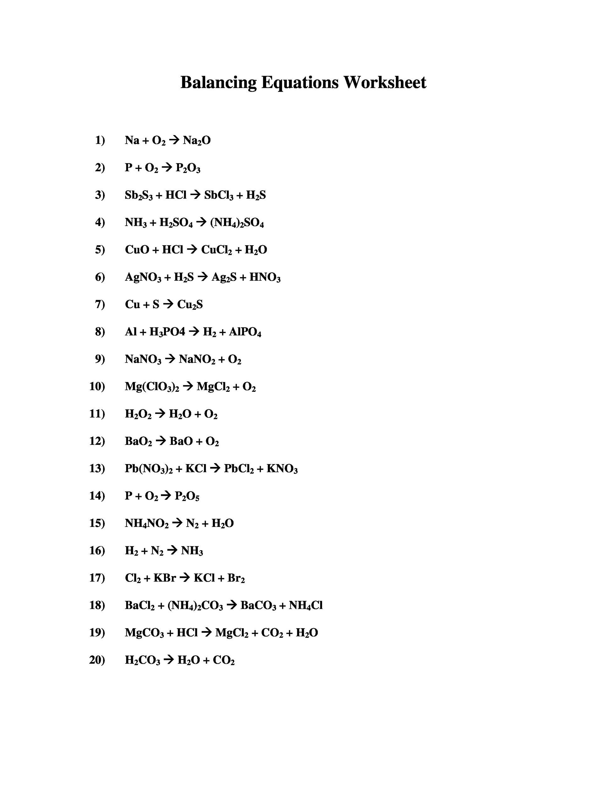 49 Balancing Chemical Equations Worksheets with Answers 