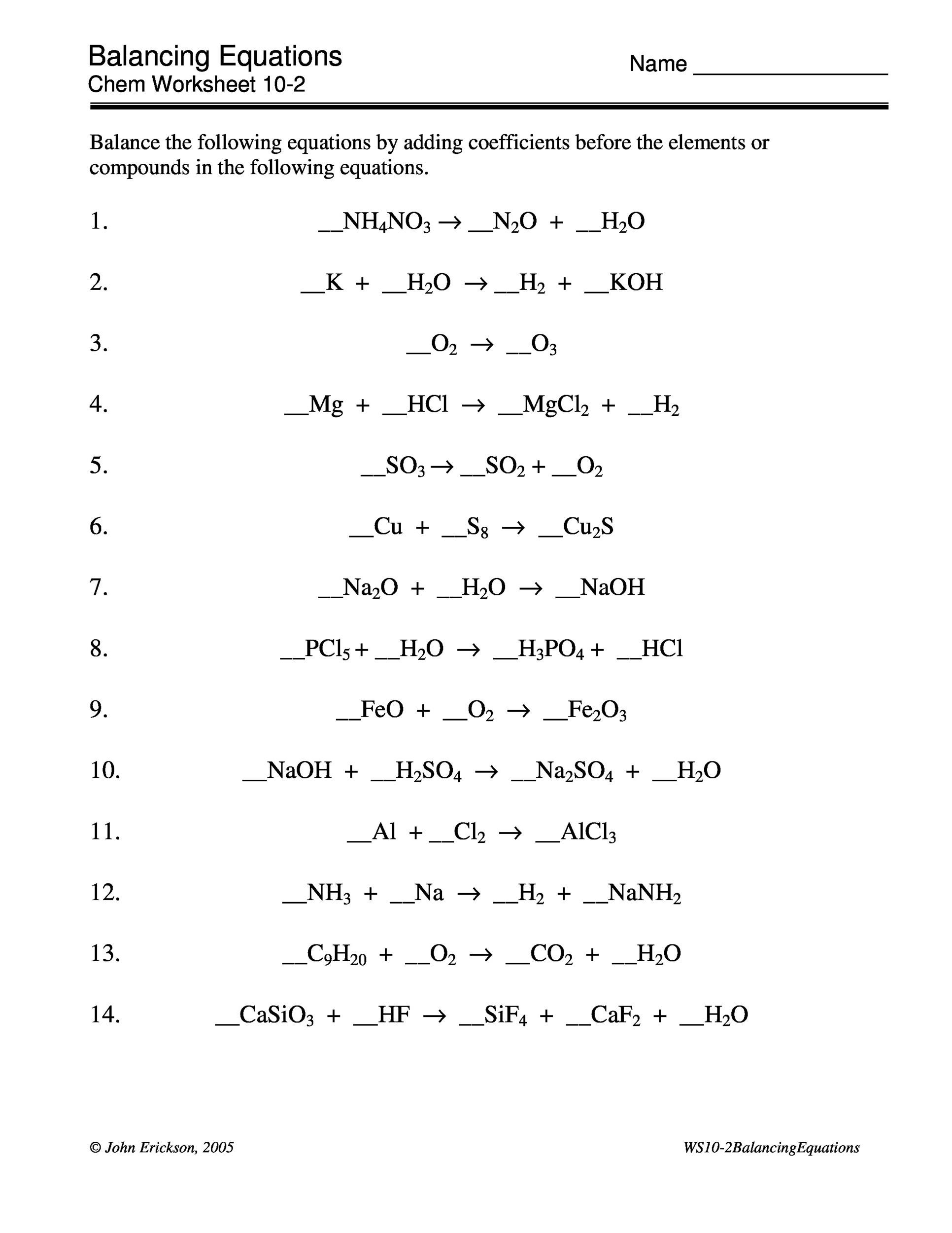 chemistry about balancing equations worksheet