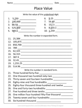 4th Grade Place Value Worksheet Practice Set TpT