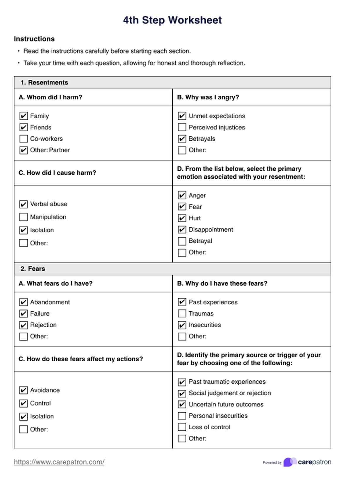 4th Step Fear Inventory Sheets