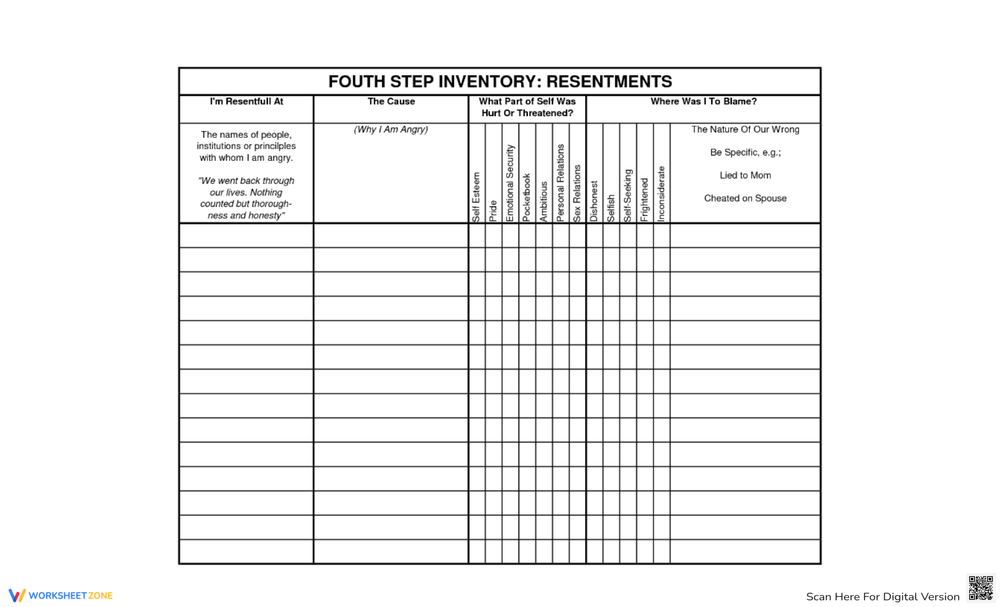 Aa 4th Step Worksheets Printable Free