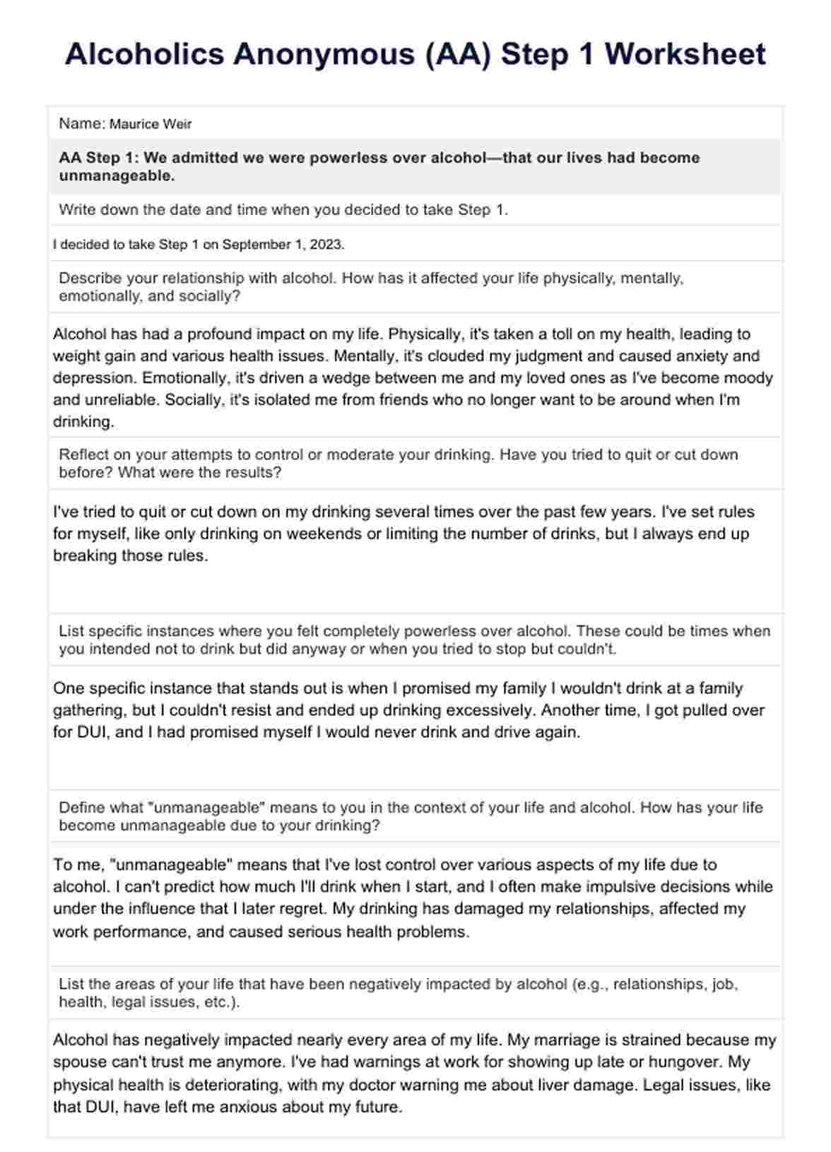 AA Step 1 Worksheet Example Free PDF Download AA Step 1 Worksheet Example Free PDF Download
