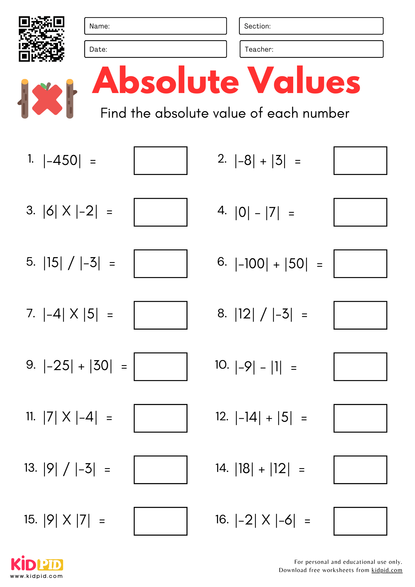 absolute value worksheets