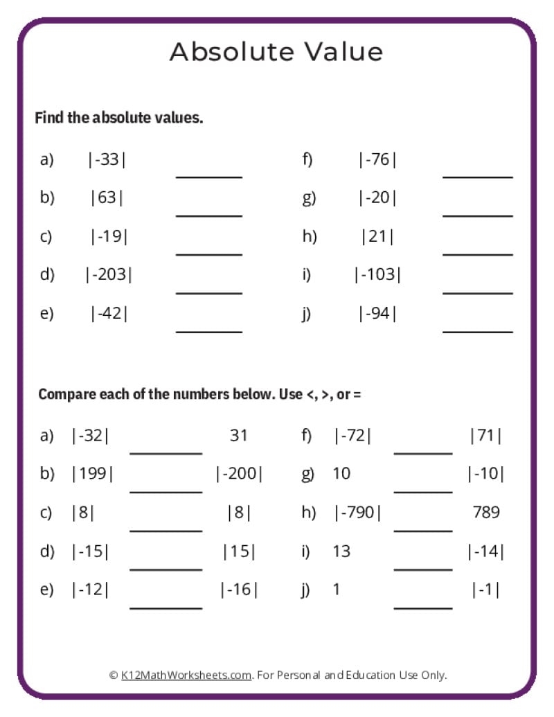 Absolute Value Worksheets Absolute Value Worksheets