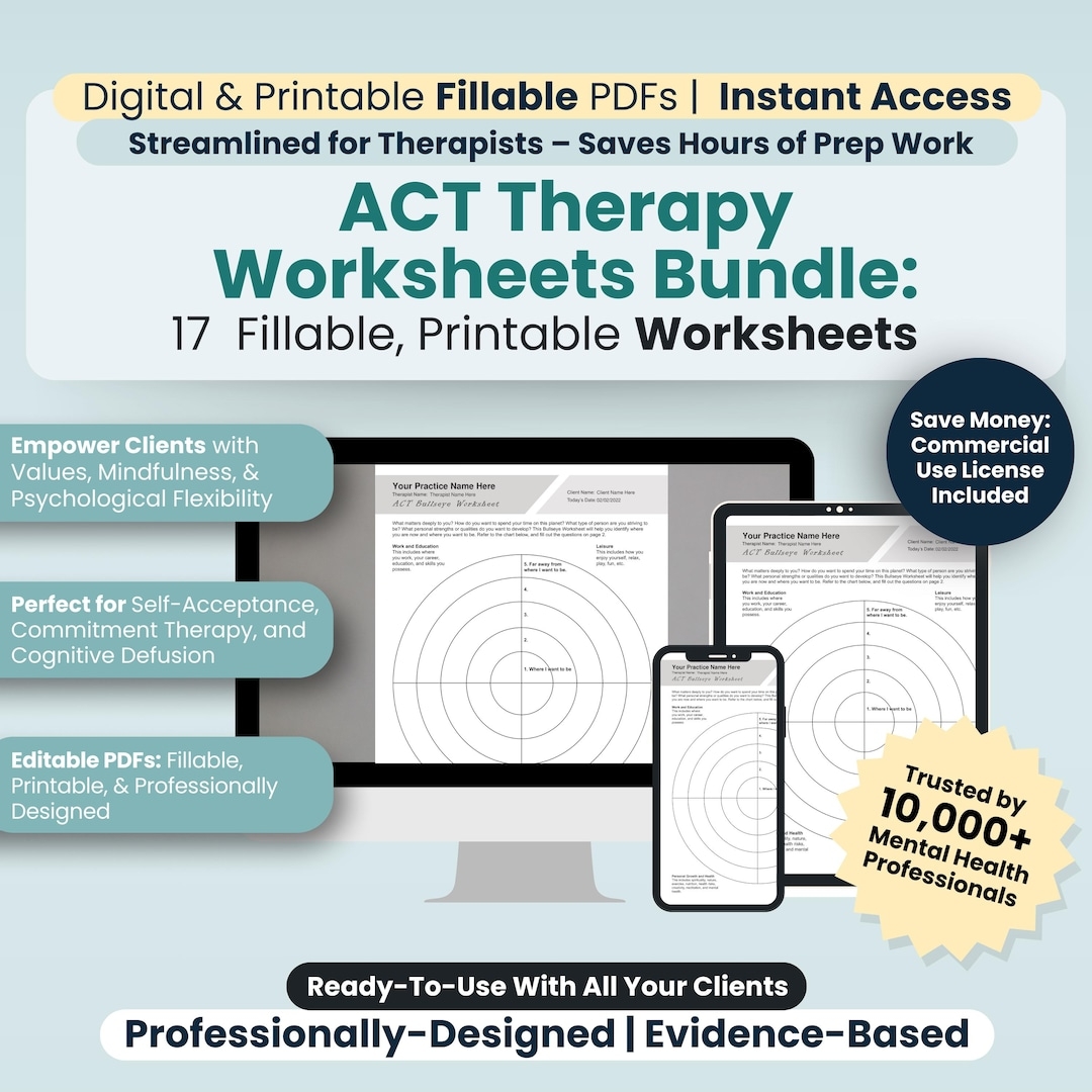 ACT Therapy Worksheets Bundle 17 Fillable printable PDF Templates 