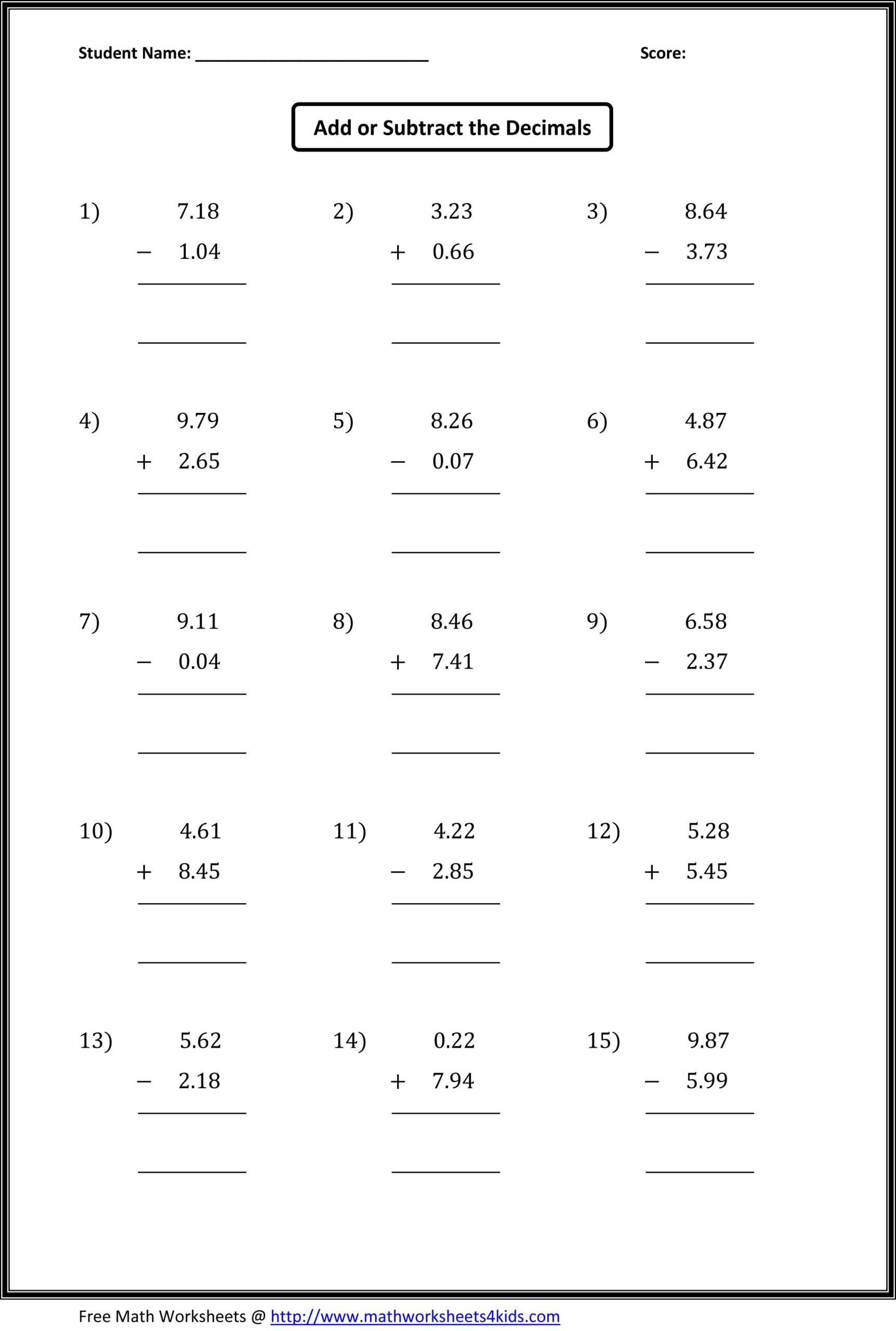 Add And Subtract Decimals Practice MySchoolsMath Add And Subtract Decimals Practice MySchoolsMath