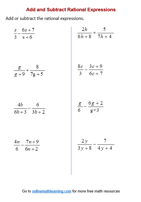 adding and subtracting rational expressions worksheet