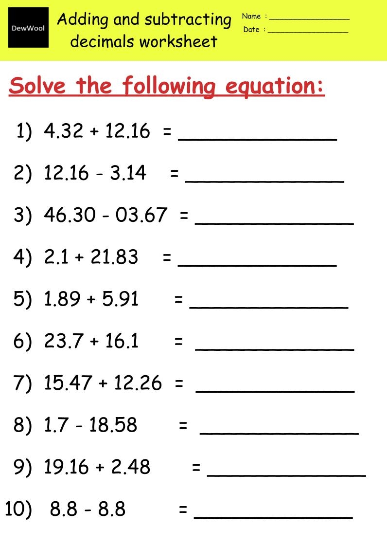 adding and subtracting decimals worksheet adding and subtracting decimals worksheet