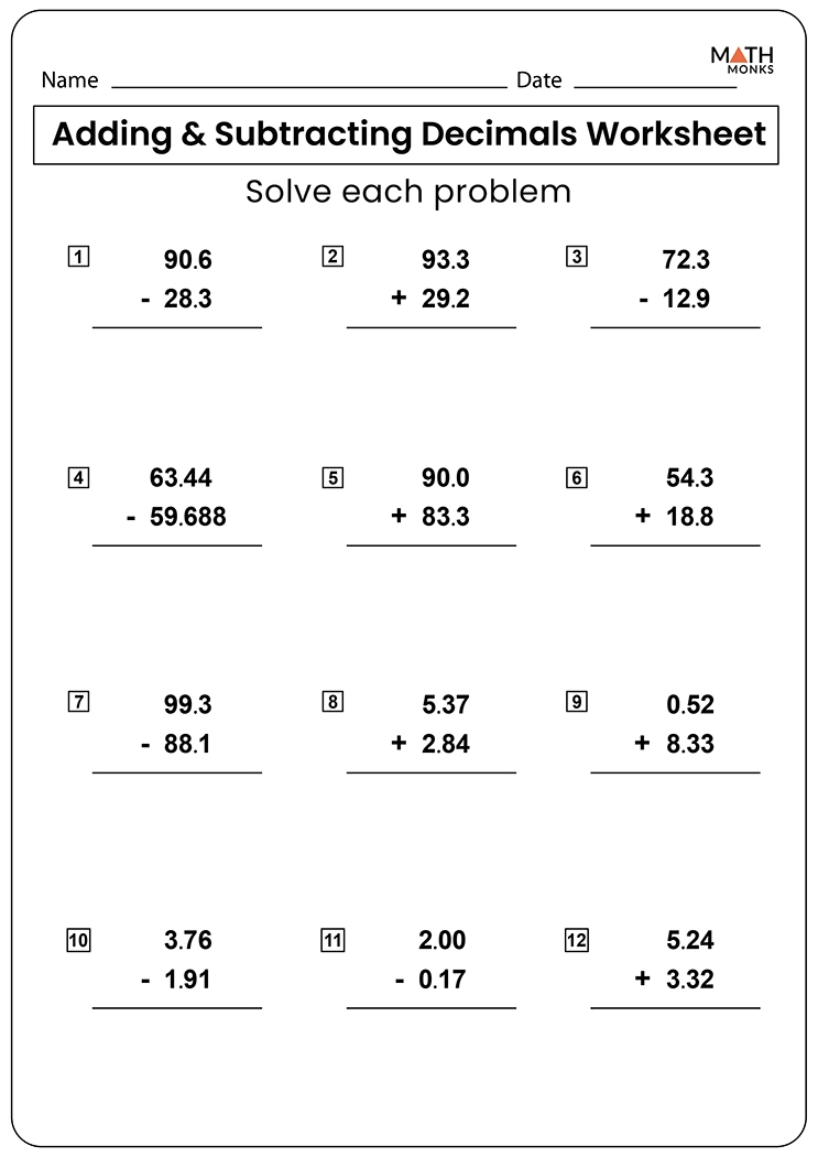 Adding And Subtracting Decimals Worksheets Math Monks Adding And Subtracting Decimals Worksheets Math Monks