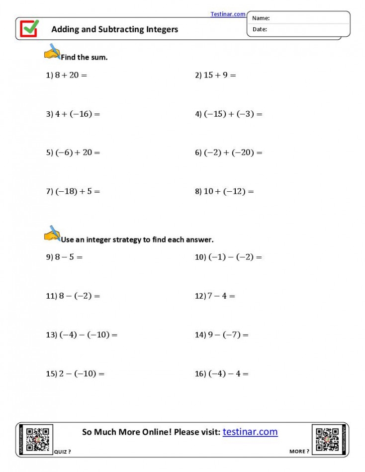 Adding And Subtracting Integers Free Worksheet Printable PDF Template