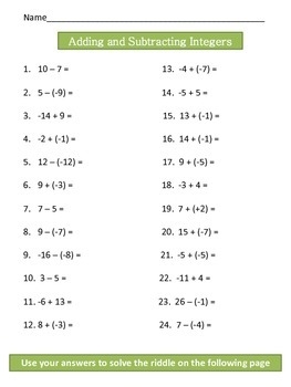 integer addition and subtraction worksheet