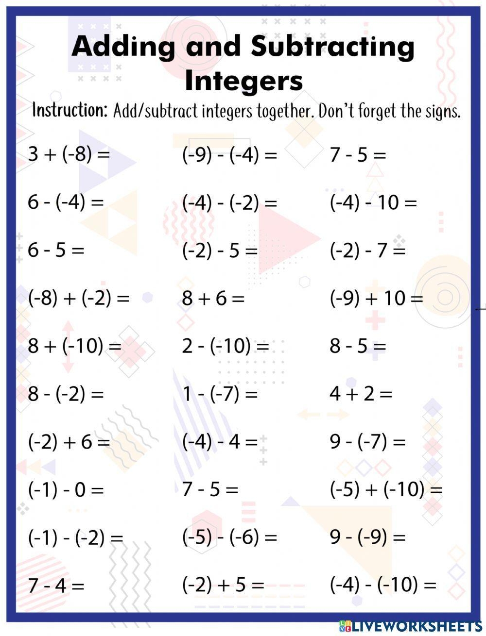 adding and subtracting integers worksheet pdf