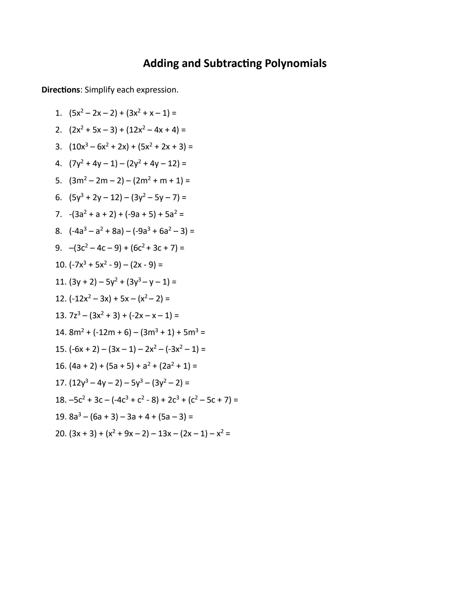 adding subtracting polynomials worksheet adding subtracting polynomials worksheet