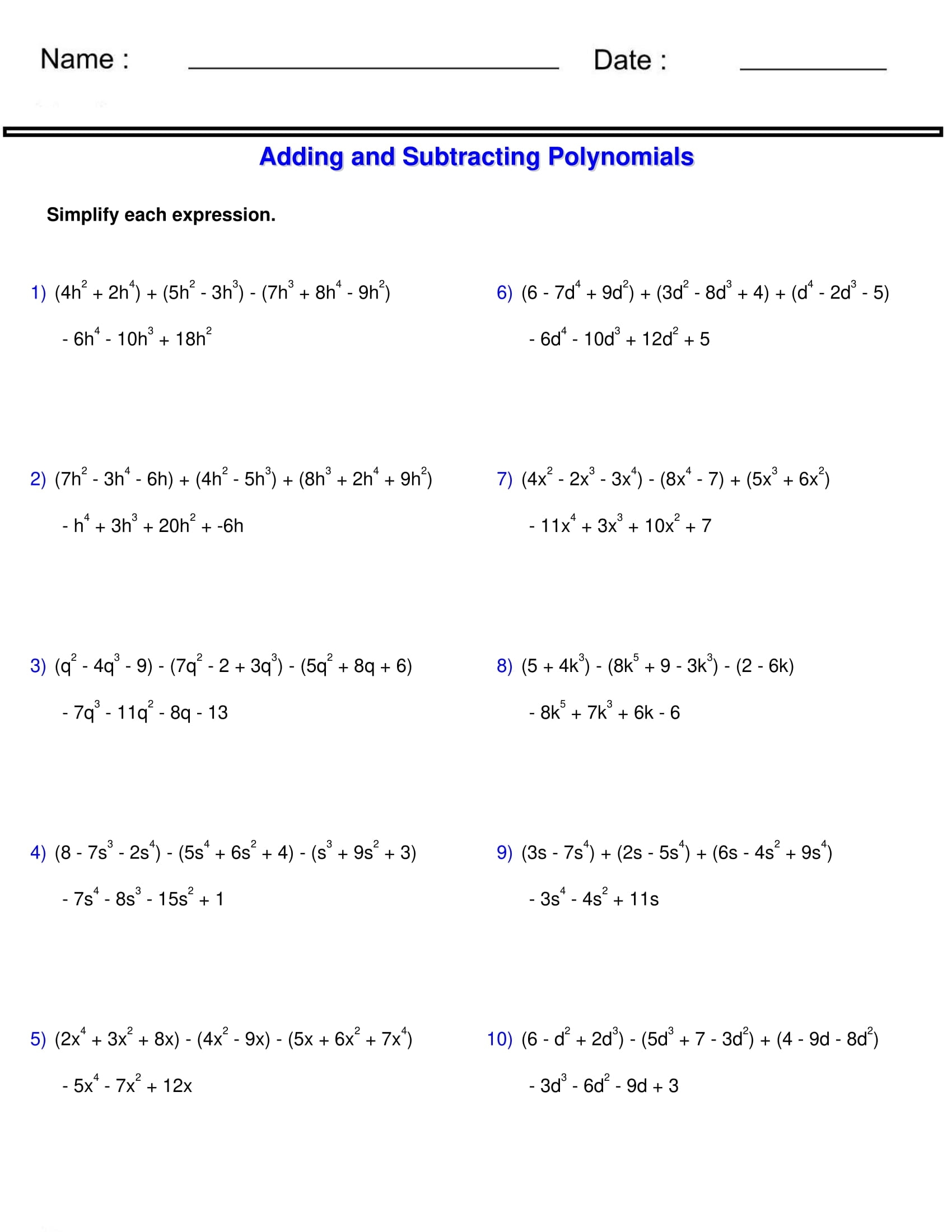 Adding And Subtracting Polynomials Worksheet Adding And Subtracting Polynomials Worksheet