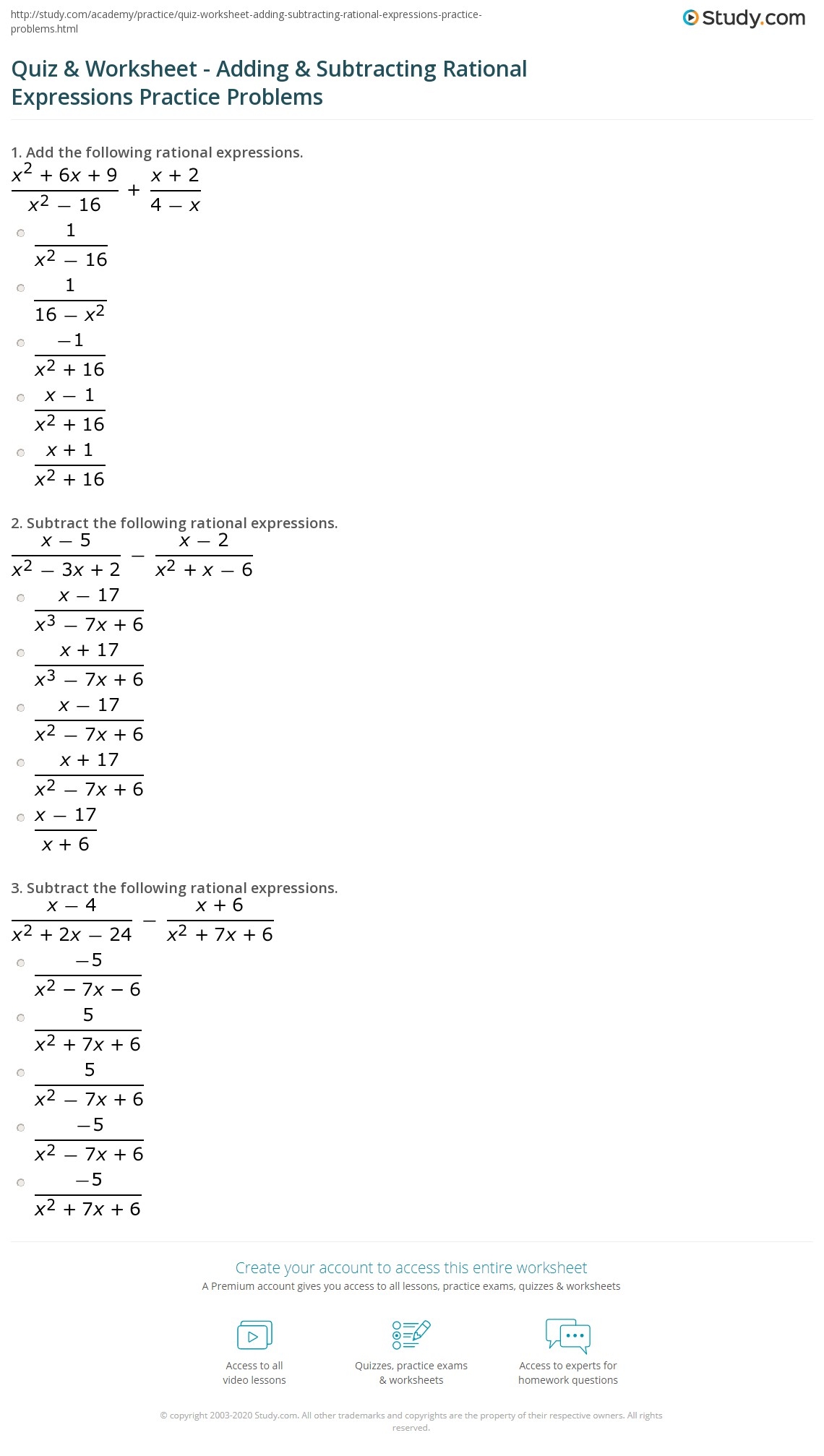 Adding And Subtracting Rational Expressions Worksheet Printable Sheet 