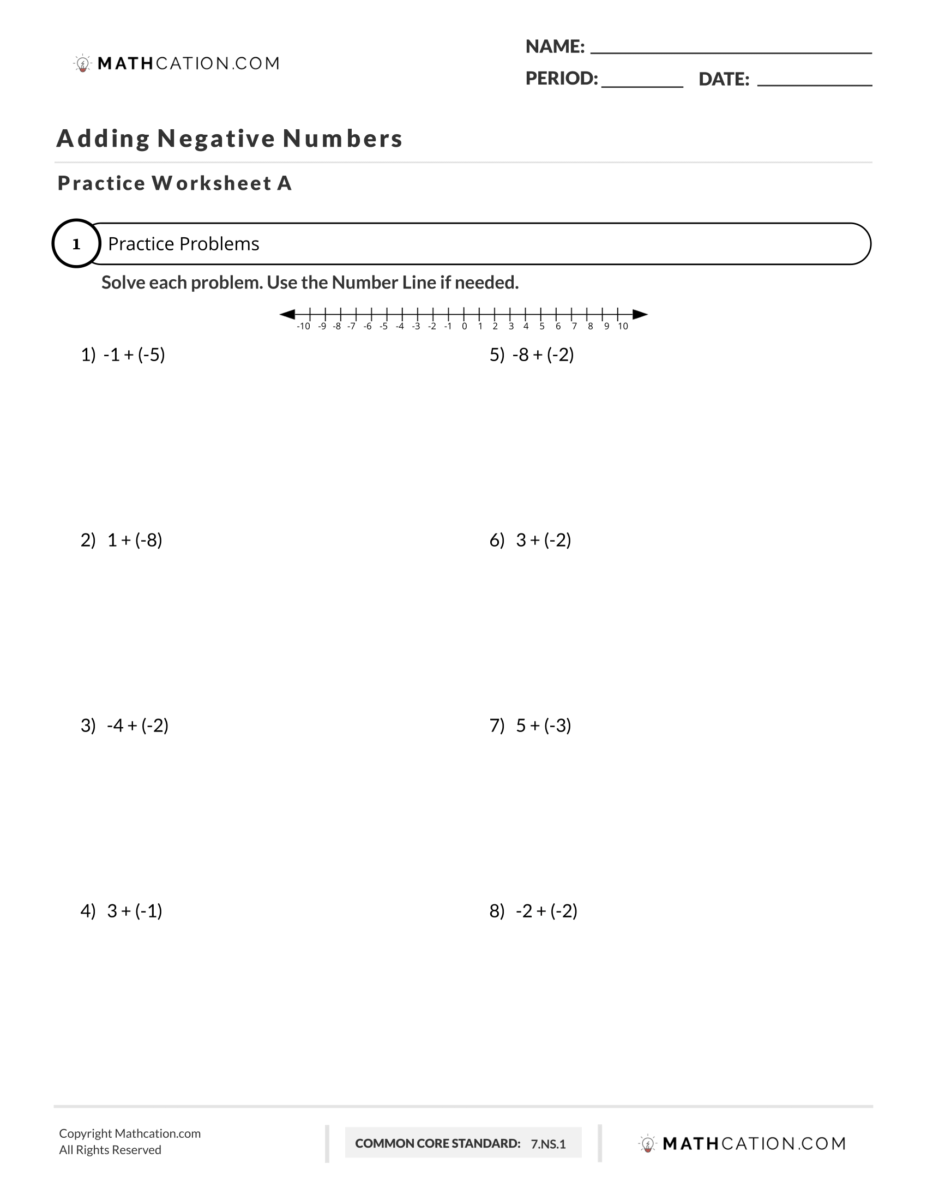 Adding Negative Numbers Worksheet