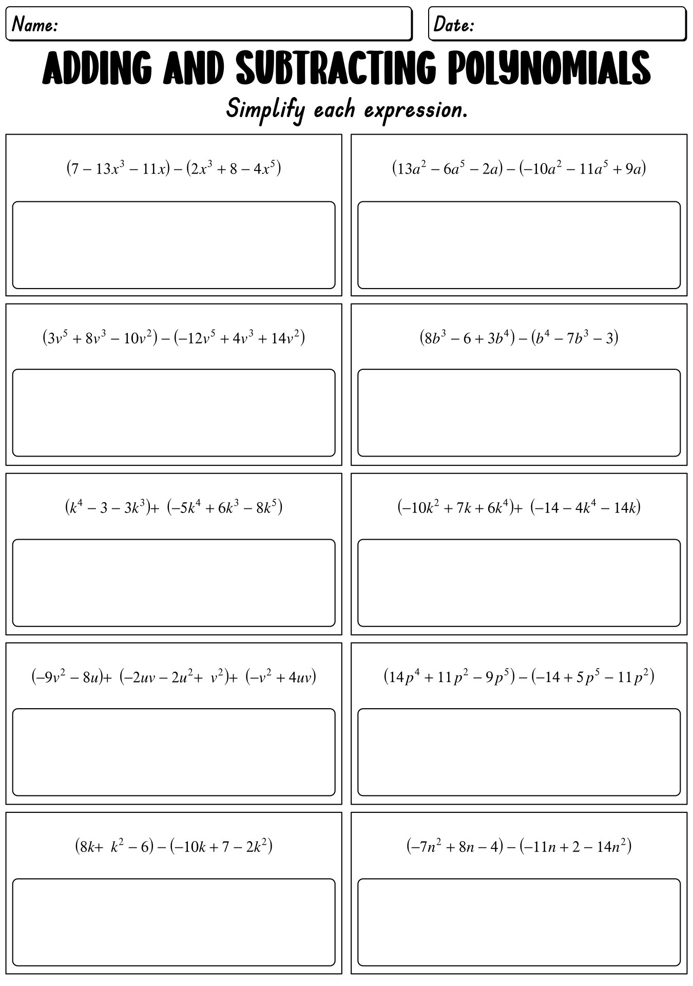 Adding Subtracting Polynomials Worksheet Adding Subtracting Polynomials Worksheet
