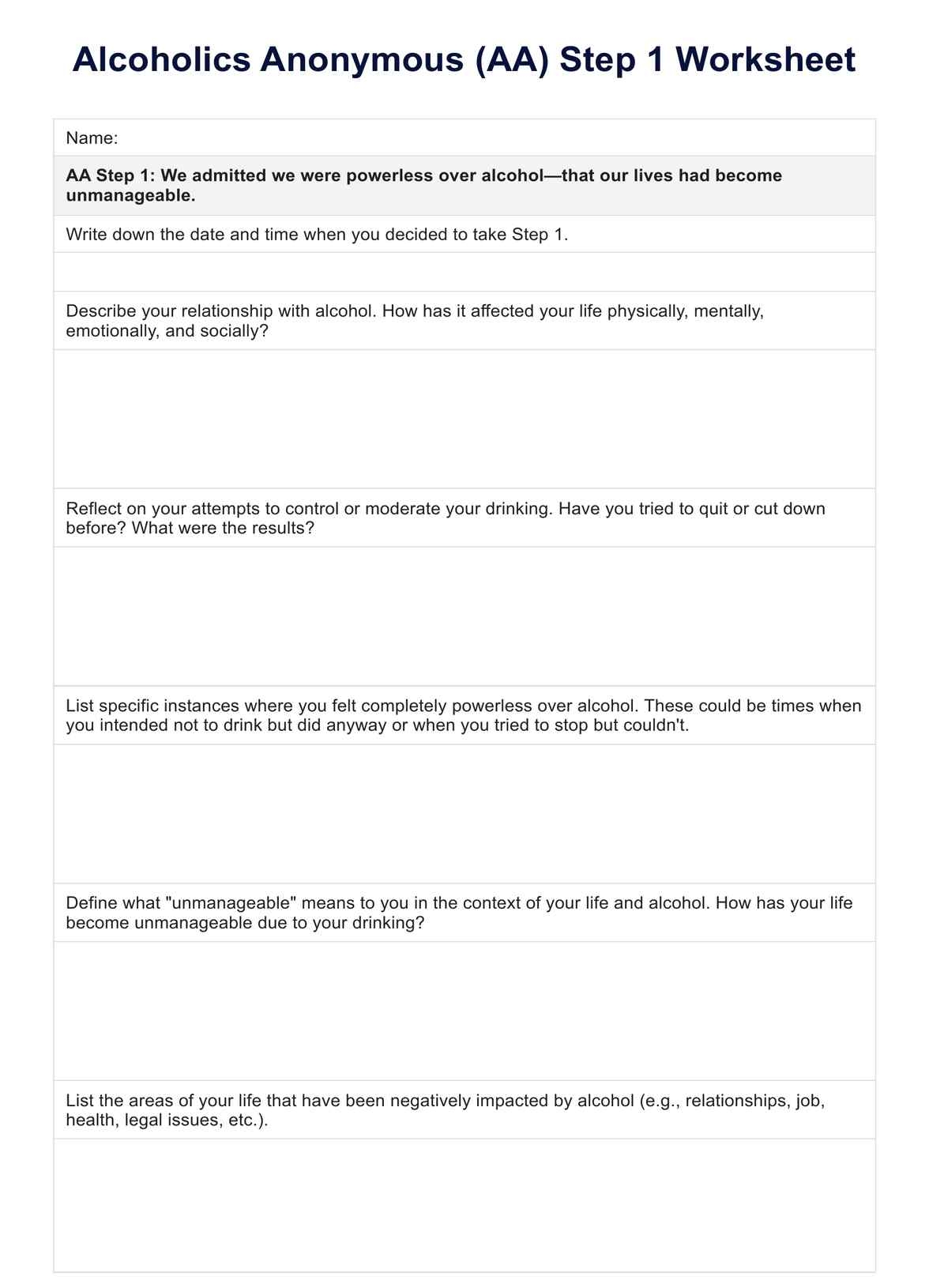 Alcoholics Anonymous AA Step 1 Worksheet Worksheets Library