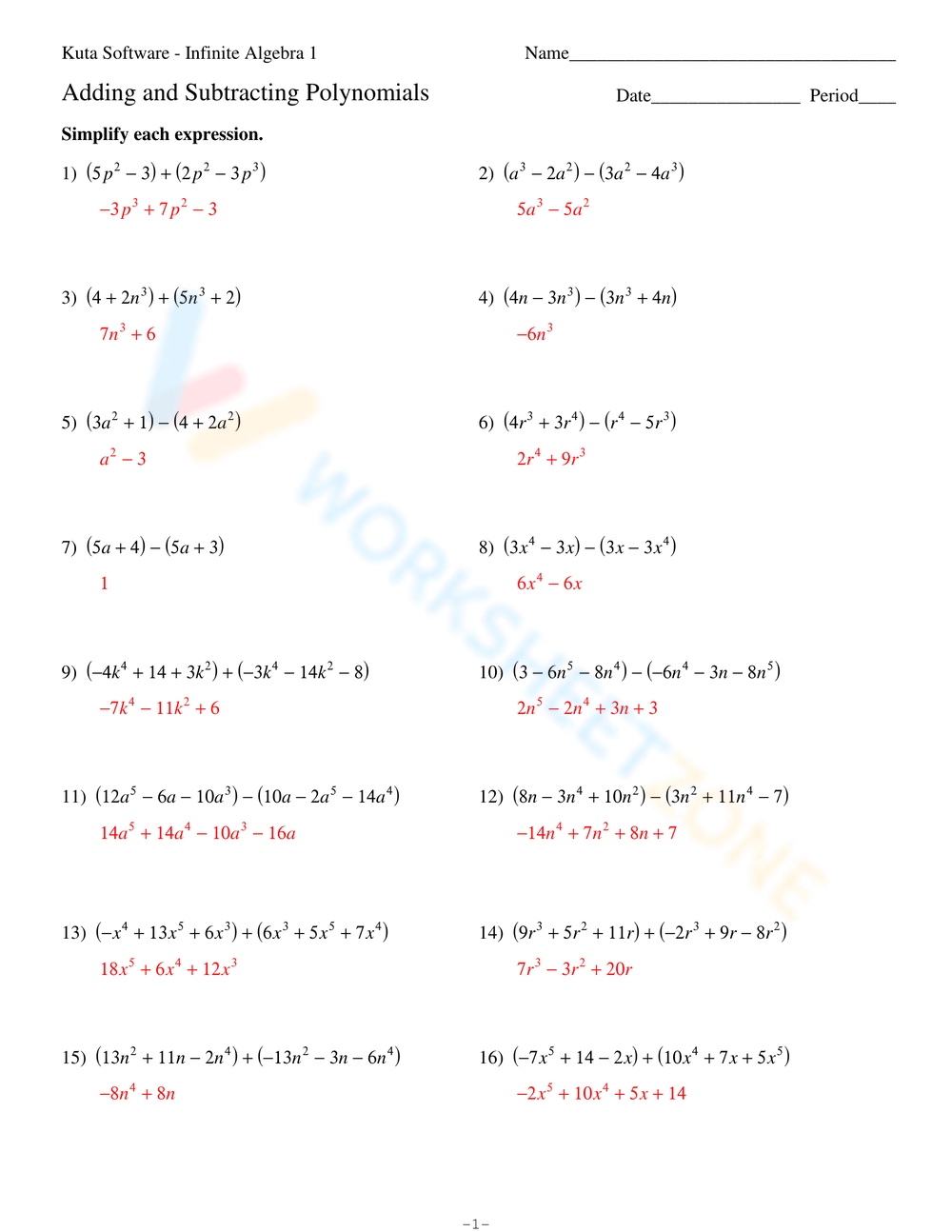Algebra 1 Adding And Subtracting Polynomials Worksheet Algebra 1 Adding And Subtracting Polynomials Worksheet