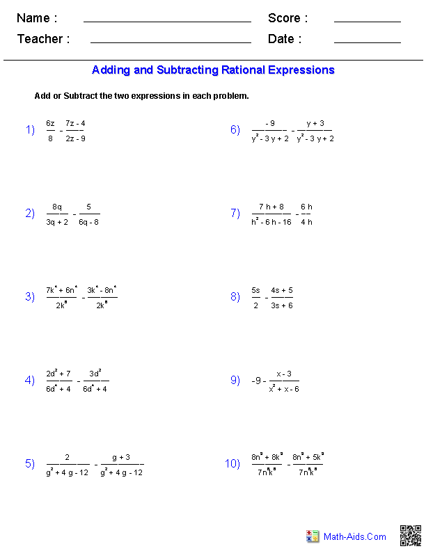 Algebra 2 Adding And Subtracting Rational Expressions Worksheet Adding