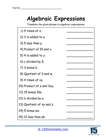 Algebraic Expressions Worksheets 15 Worksheets Algebraic Expressions Worksheets 15 Worksheets