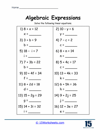 Algebraic Expressions Worksheets 15 Worksheets