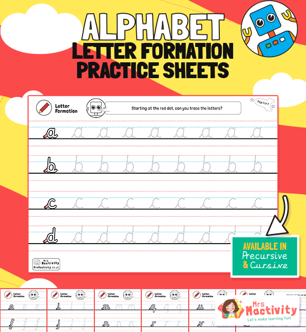 Alphabet Letter Formation Practice Sheets Cursive Robot Themed EYFS 