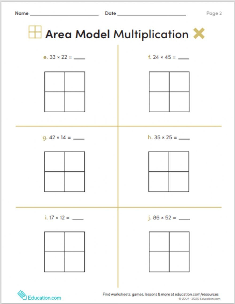 area model multiplication worksheets