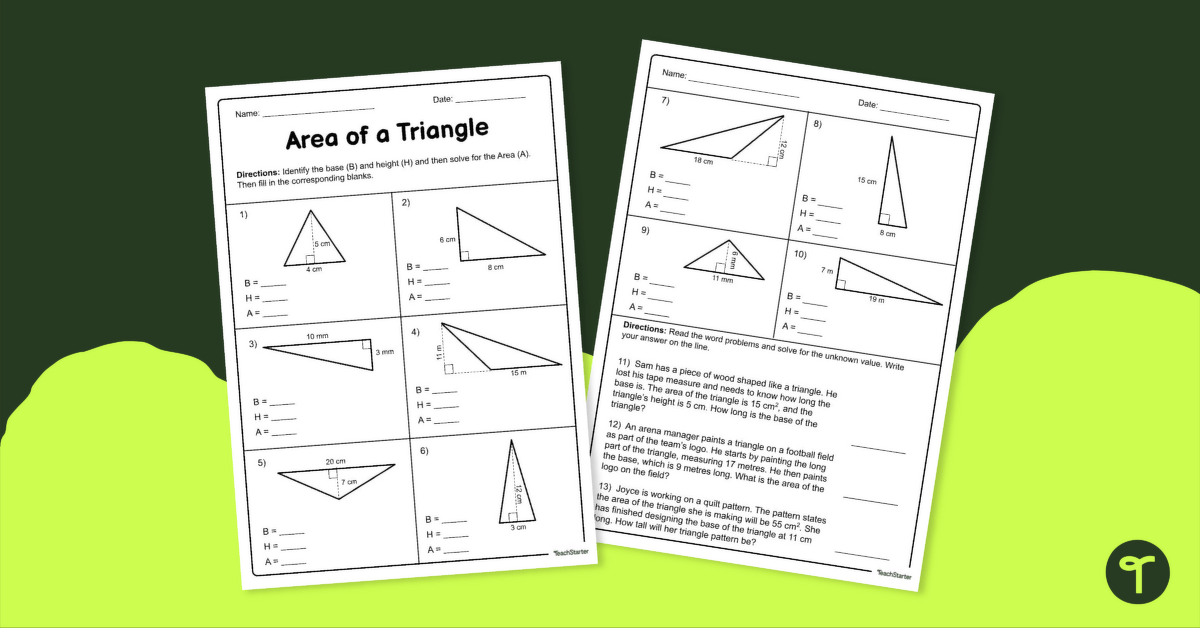 Area Of A Triangle Worksheet Teach Starter
