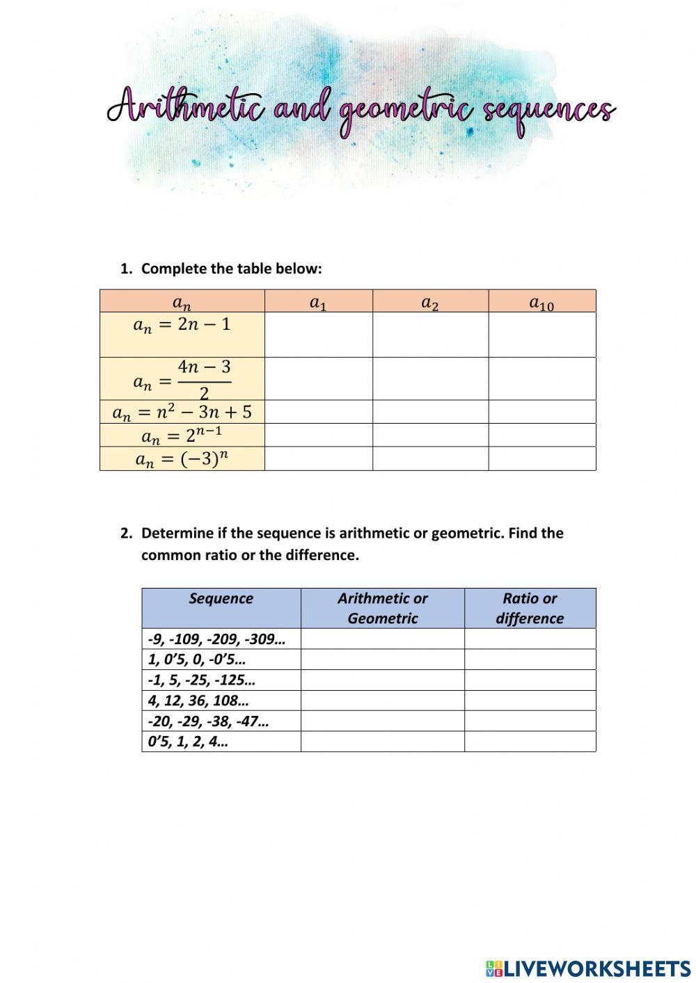 Arithmetic And Geometric Sequences Worksheet Worksheets Library