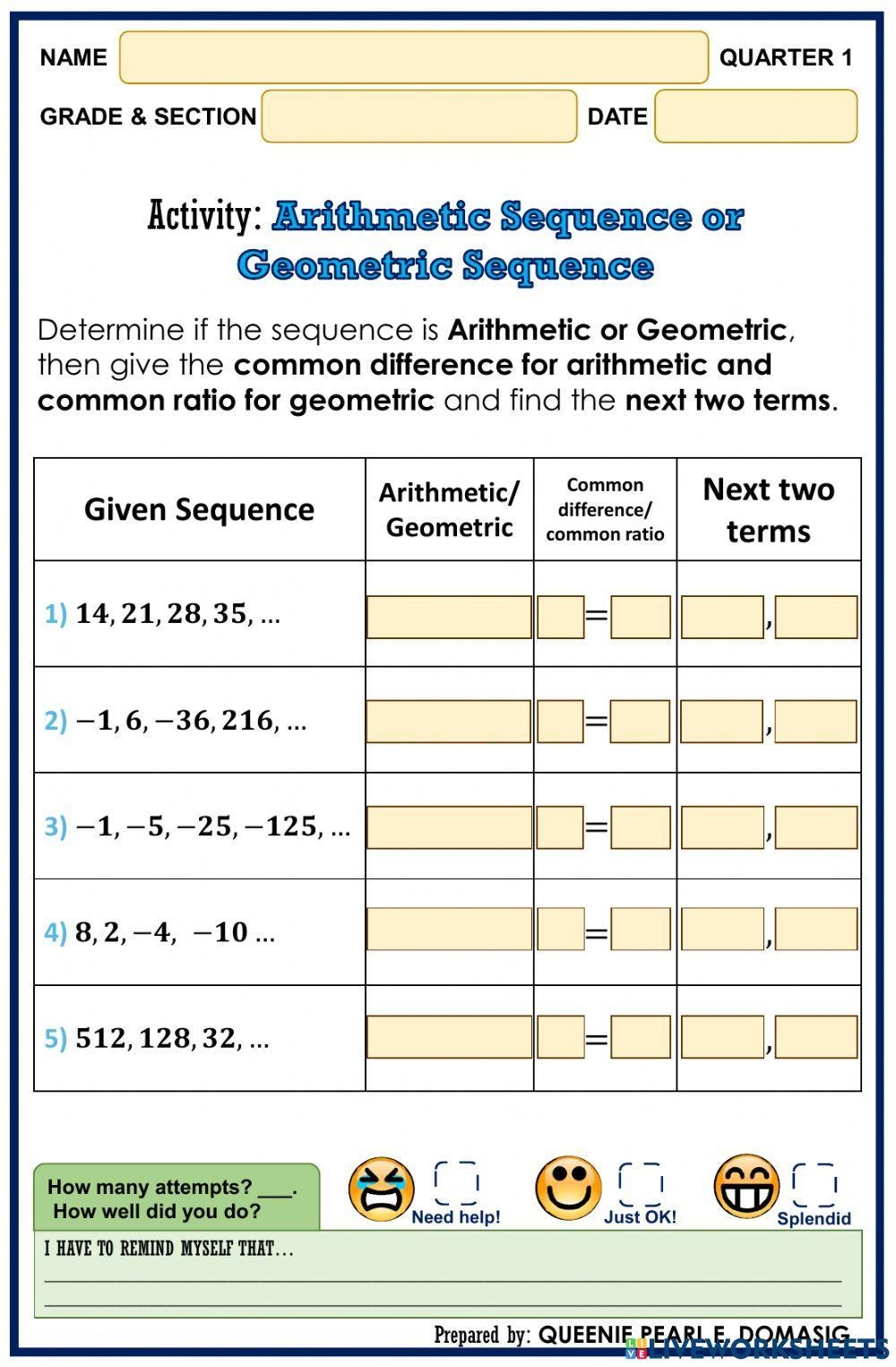 Arithmetic Sequence Or Geometric Sequence Worksheet Worksheets Library